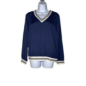 Piperlime Woman’s V Neck Rib Navy‎ Trim Varsity Long sleeve Pullover SZ M